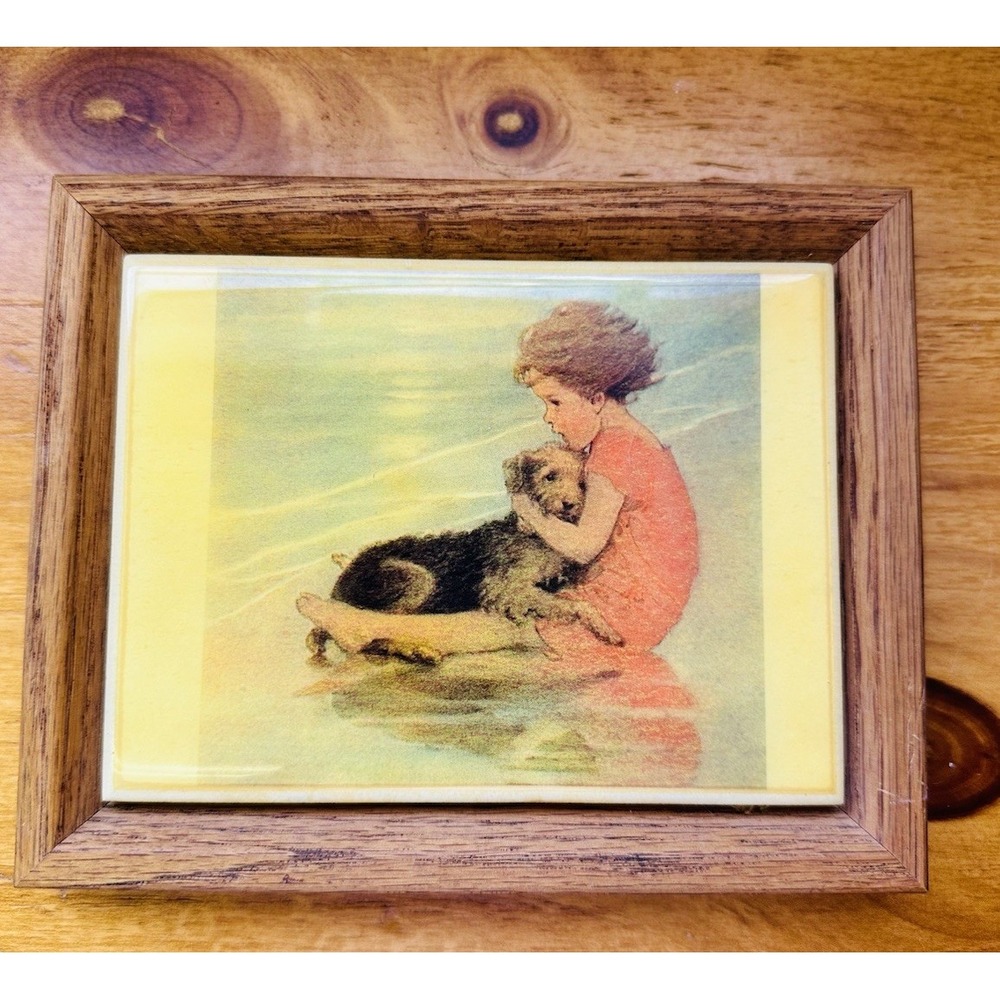 Jessie Willcox Smith Ceramic Tile Art Framed Girl W/Dog On The Beach 3/2/84‎ VTG